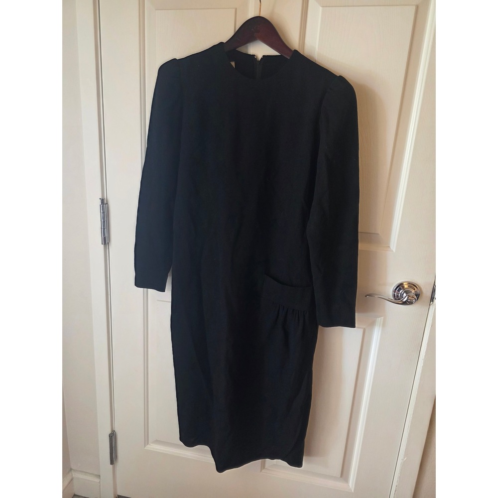 Vintage NR1 Ned Gould Black Pure Wool Sheath Dress Long Sleeve Puff Shoulder 8
